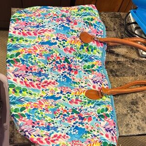 Faux lilly Colorful Tote Bag with Brown Handles
